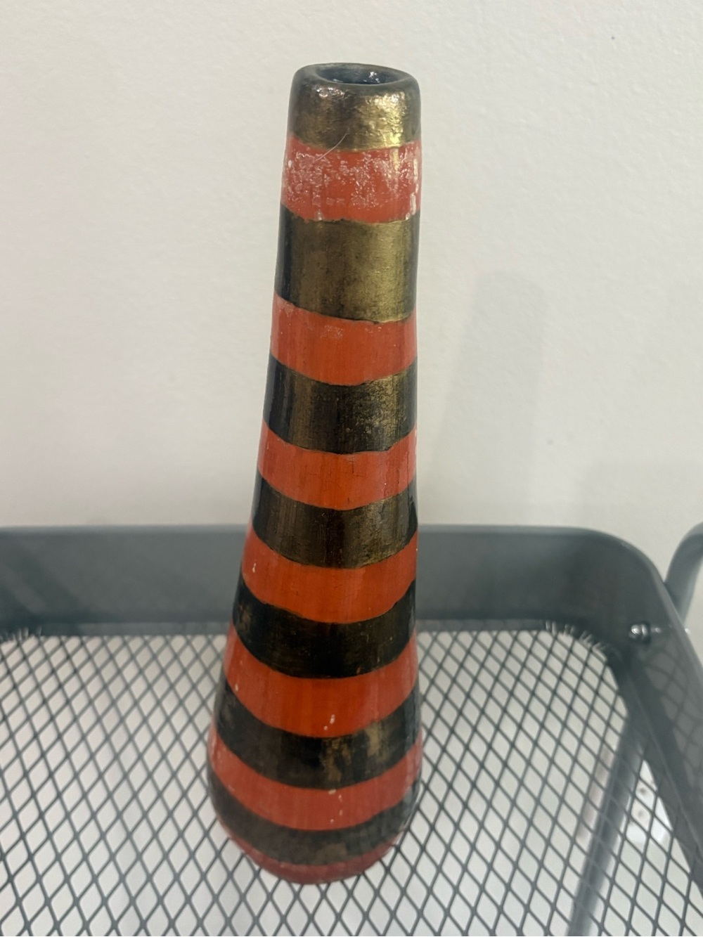 Orange and gold striped vase unbranded with crazing issues